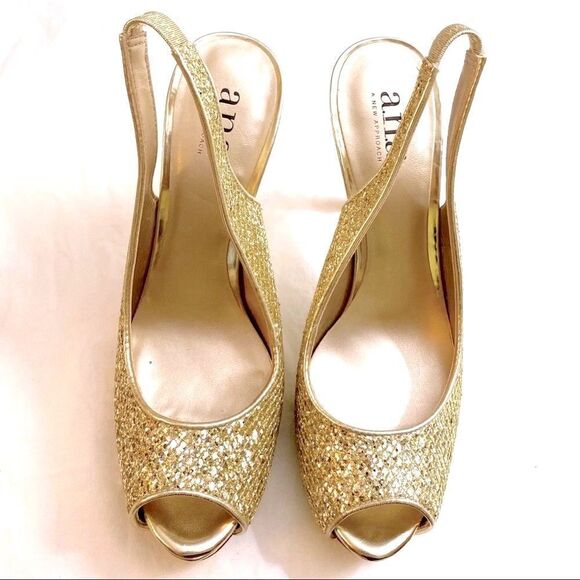 NWOT Ana 023-5745 Nora Platino Women’s Gold Glitter Peep Toe Slingback - Picture 2 of 6